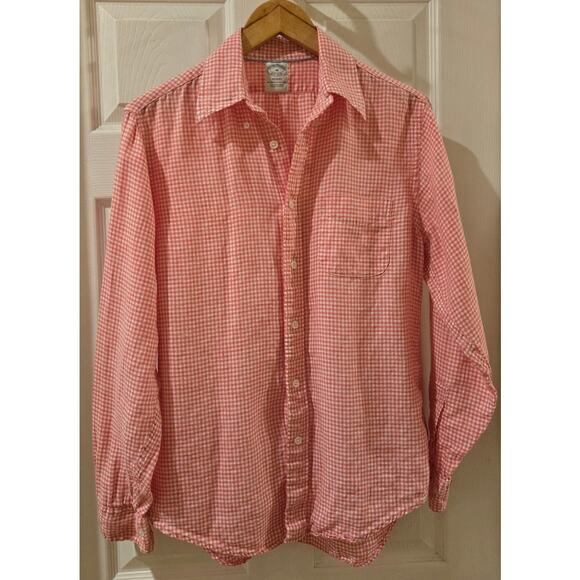 Brooks Brothers Baird McNutt Linen Pink White Gingham Button Down Shirt Medium - Picture 2 of 9